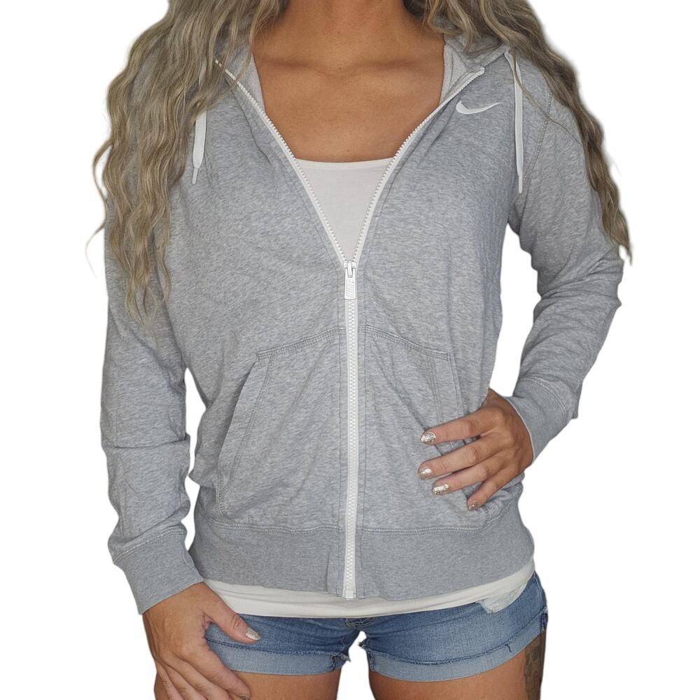 Nike Sweater Womens Medium Gray White Full Zip Hoodie Hooded Pockets Sweatshirt